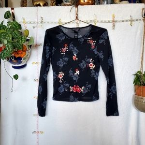 KENNETH COLE NY Y2K sheer long sleeve black shirt embroidered floral front lined